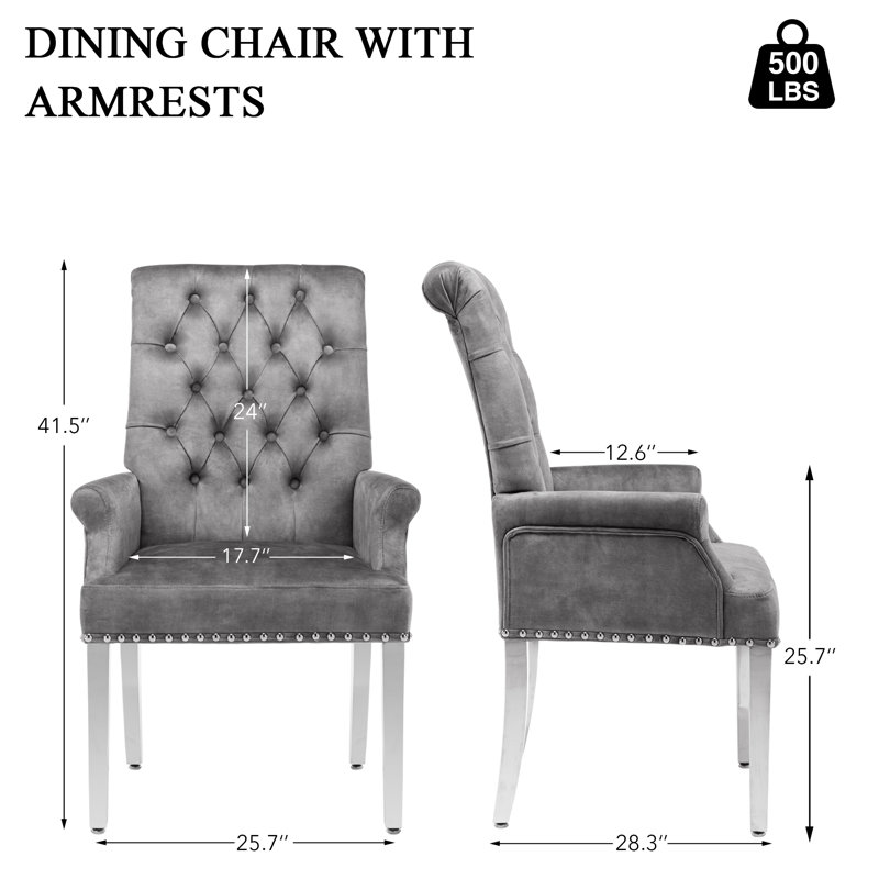 Upholstered Tufted Arm Dining Chairs, Velvet Light Gray