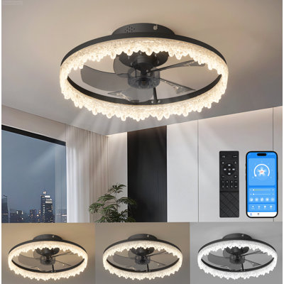 17-inch Modern Crystal Edge Flush Mount Ceiling Fan with Light Dimmable Enclosed App Control Black