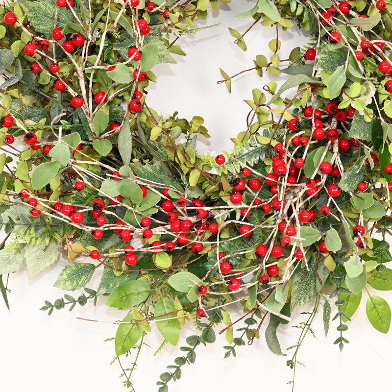 Couronne de 24 po pour porte de campagne artificielle printemps été été, Vert/rouge