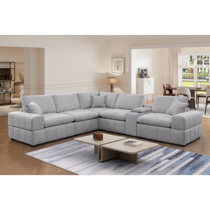 Upholstered Chenille 6 Piece Modular Sectional Sofa With Central Console, Wireless Charging & Storage, Light Gray Chenille