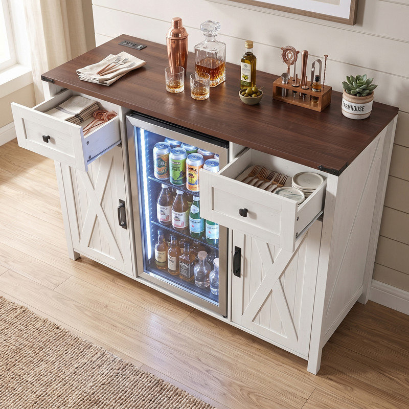 Buffet de 53 po avec buffet cannelé et barre de café avec prise intégrée et mini-réfrigérateur, Blanc