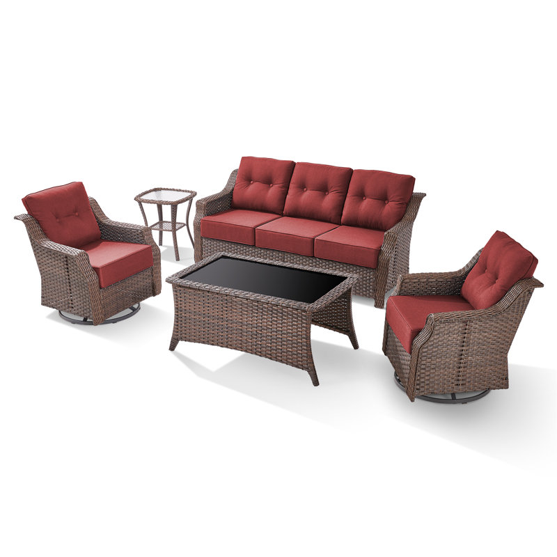 Acton 5 - Preson Outdoor Wicker Sofa Seating Group With Table And 6" Thick Cushions, Red
