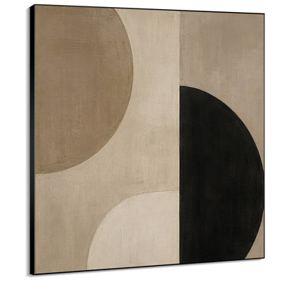 Impression sur tissu grand format - Motif géométrique abstrait minimaliste en demi-cercle beige et noir pour salon ou chambre « Assemblage du cadre requis (cadre non fini) »