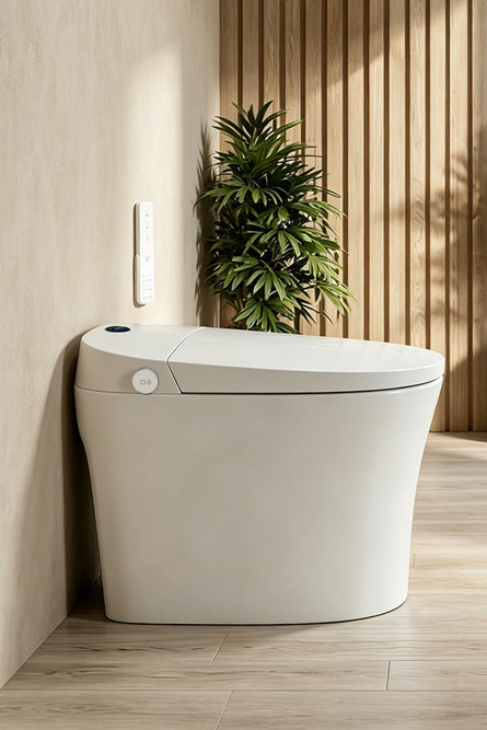 Toilette intelligente blanche et moderne au design épuré et minimaliste, dotée d'une molette de commande latérale et d'une télécommande murale, installée dans une salle de bains contemporaine agrémentée d'un mur à lattes de bois et d'une plante en pot.
