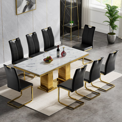 Modern Dining Table Set, 68.11" Dining Table and Chairs Set, Faux Marble Dining Table with Faux Leather Dining Chairs, Luxury Kitchen Table with Stainless Steel Base for Kitchen