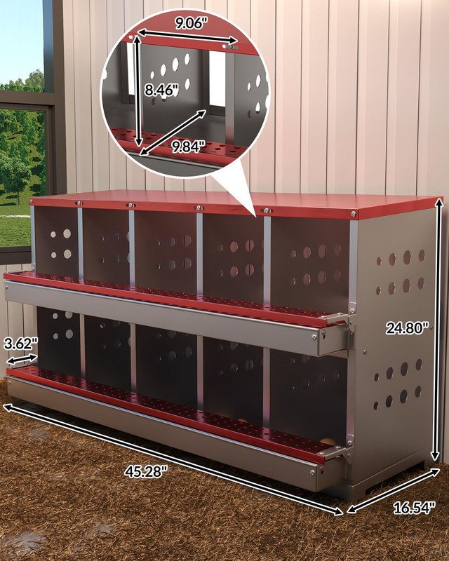 Poste de nidification en acier galvanisé ventilé à 10 boîtes avec plateau roulant et œufs d'entraînement, Red