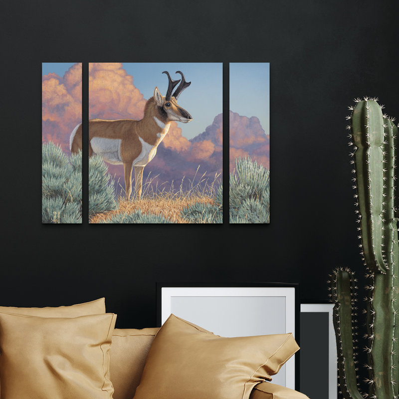 Ensemble de 3 panneaux muraux - Jeff Hoff «After the Storm Pronghorn», art mural sur toile pour le salon, la chambre à coucher ou le bureau 