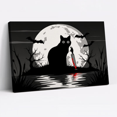 Art sur toile, "Chat noir à côté d'un couteau sanglant sous la pleine lune"