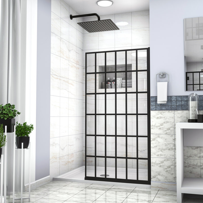 Porte de douche l 38 po x H 72 po, porte de douche fixe sans cadre, 5/16 po (8 mm), entrée ouverte, noir mat