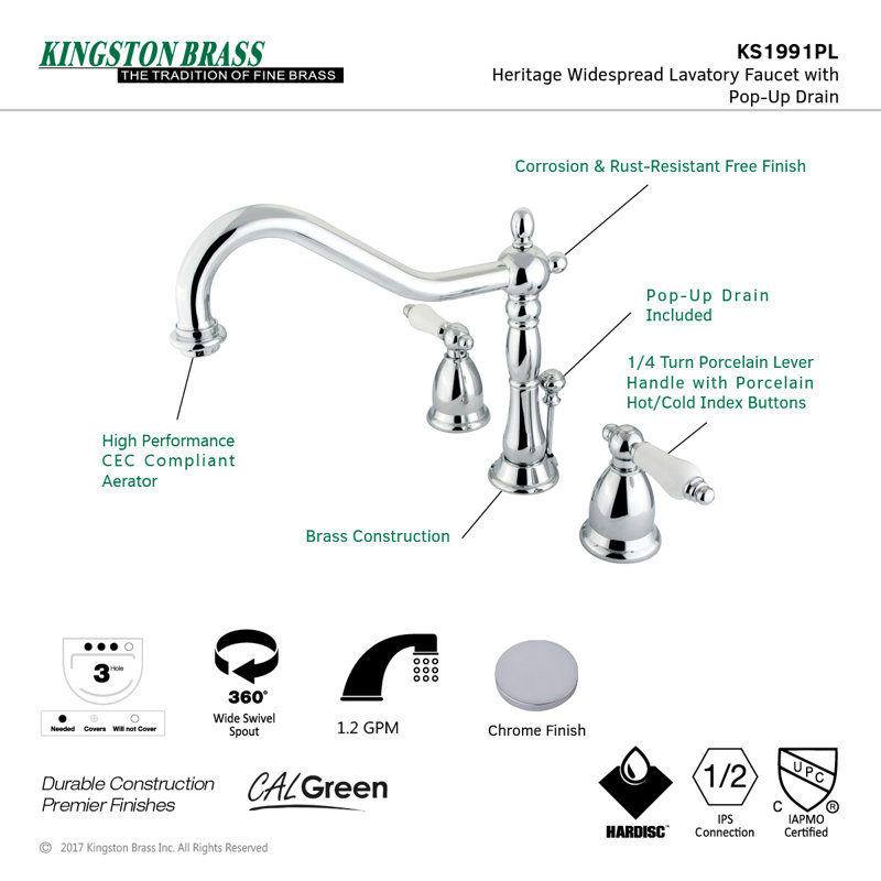 Robinet de salle de bain espacé Kingston, Chrome poli/blanc