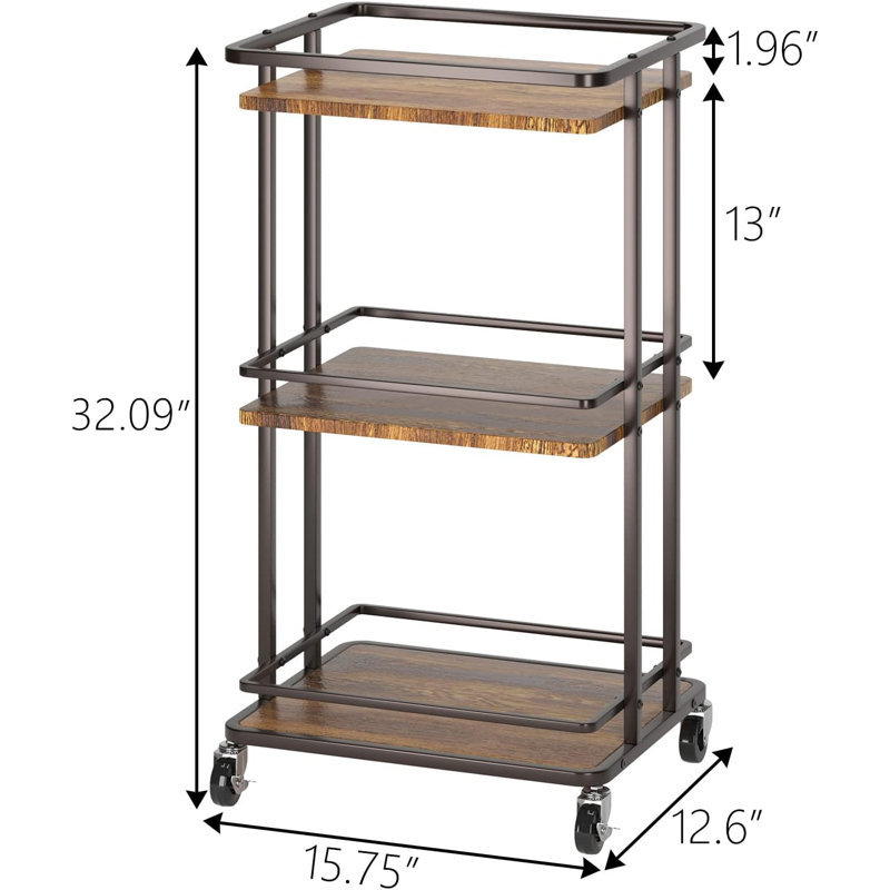3 Tier Bar Cart For Home, Utility Kitchen Storage Island Serving Cart On Wheels, Brown