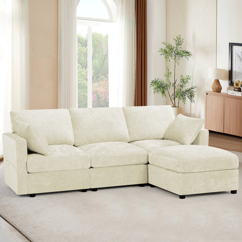 Canapé modulaire en chenille de 84 po avec repose-pieds réversible, canapé moderne avec coussin rembourré, canapé 3 places confortable pour le salon et le bureau