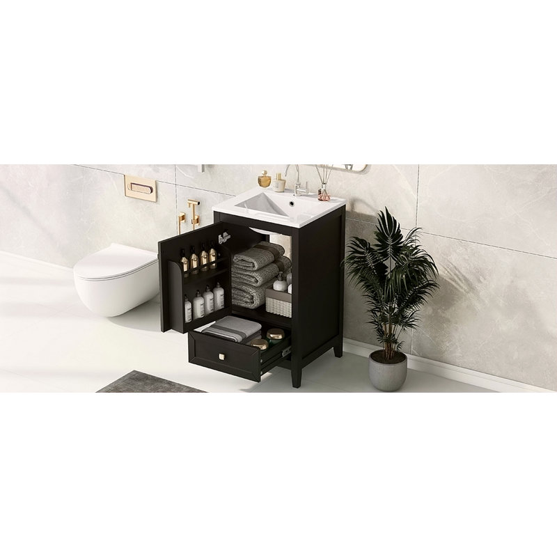 Meuble-lavabo de 20 po avec lavabo, armoire de salle de bain avec porte à fermeture douce, support de rangement et tiroir