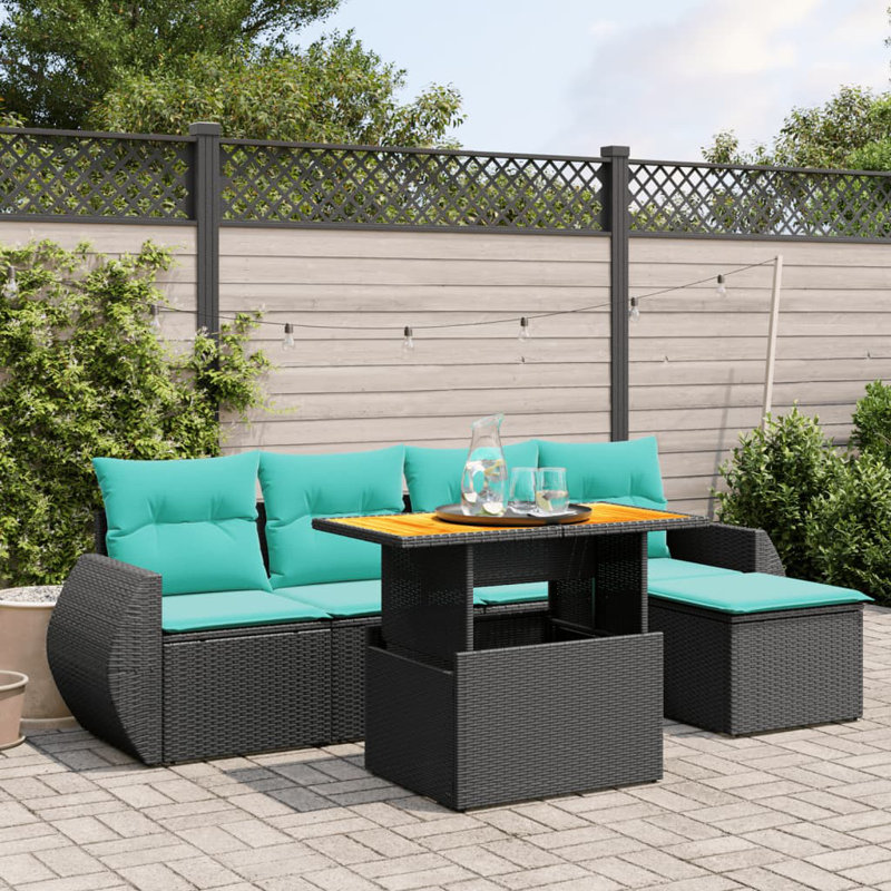  Ensemble de canapé de patio 6 pièces avec coussins en rotin de polyester, Noir, Vert