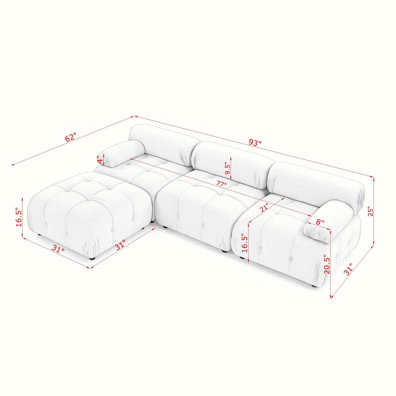 Canapé modulaire modulaire en velours, capitonnage à boutons et bricolage, canapé en L avec repose-pieds réversible,