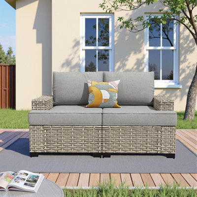 59" Wide Outdoor Wicker Loveseat With Cushions, Modular Patio Sofa Seat With Left And Right Arm Sofa