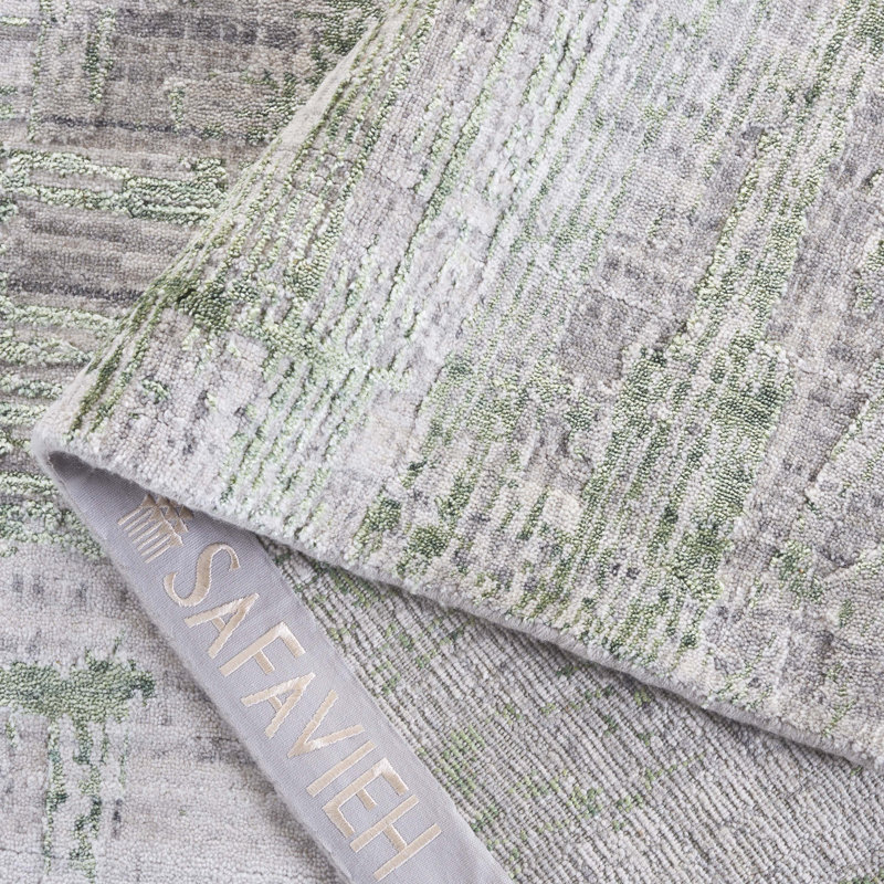 Tapis gris / vert tissé à la main en viscose / laine / coton Tamilore, Rectangle 6 pi x 9 pi