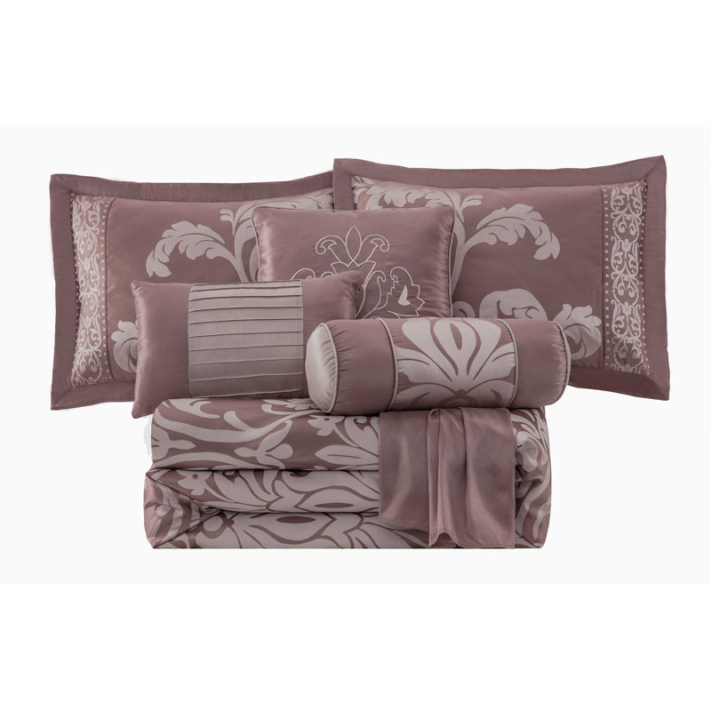 King Woodrose and Gray Jacquard Floral Comforter Set