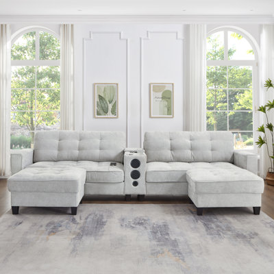 Canapé modulaire moderne en forme de U de 126 po avec repose-pieds de rangement mobile, console multifonctionnelle, haut-parleurs Bluetooth et lumières à DEL pour le salon