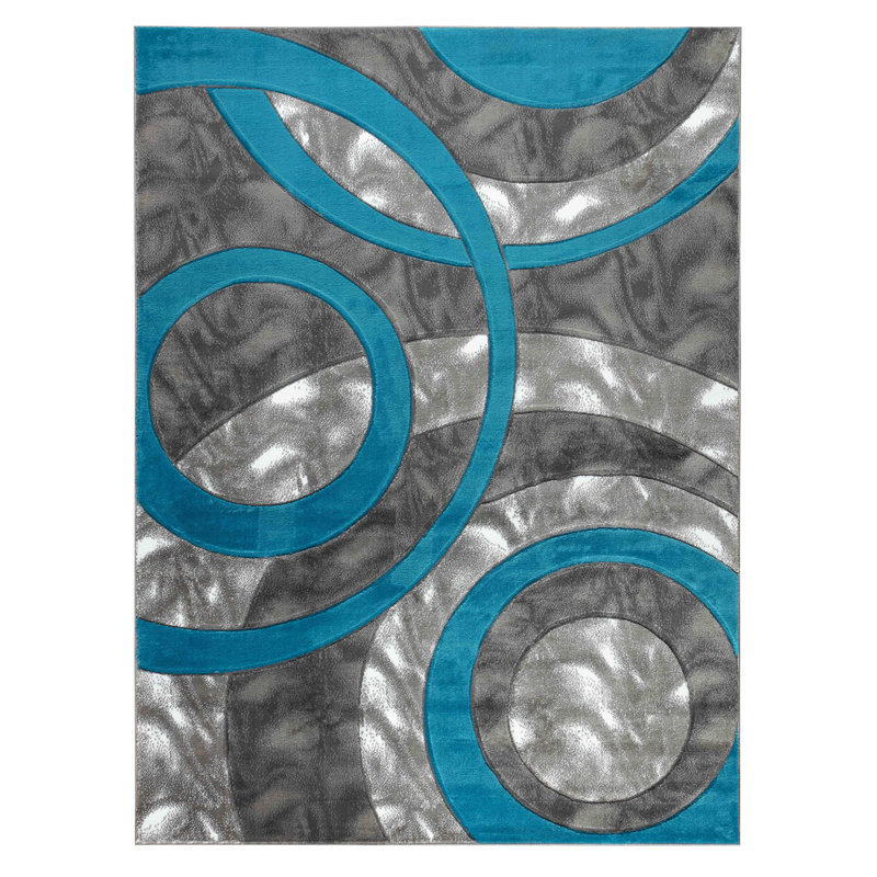 Wrought Studio™ Modern 2x7 Turquoise Circle Area Rug, Soft Hand-Carved Carpet for Indoor Living, Rectangle 2'3' x 7'