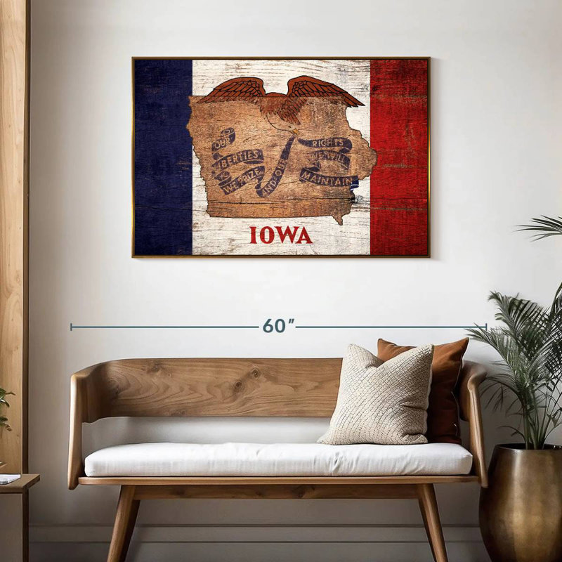 Carte d'État sur le drapeau de l'Iowa, Cadre flottant doré, 43 po x 29 po