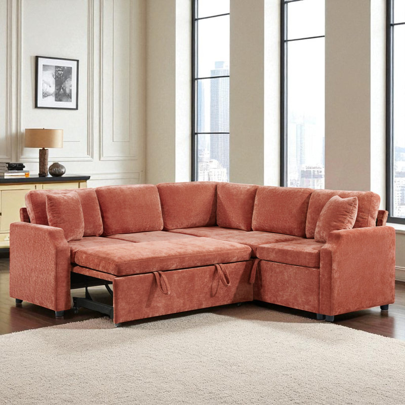 Canapé-lit modulaire en L avec rangement, Chenille orange