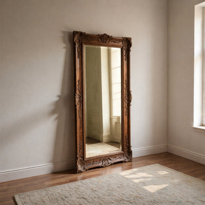Vintage European Solid Wood Full Length Mirror with Hand Carved Floral Frame