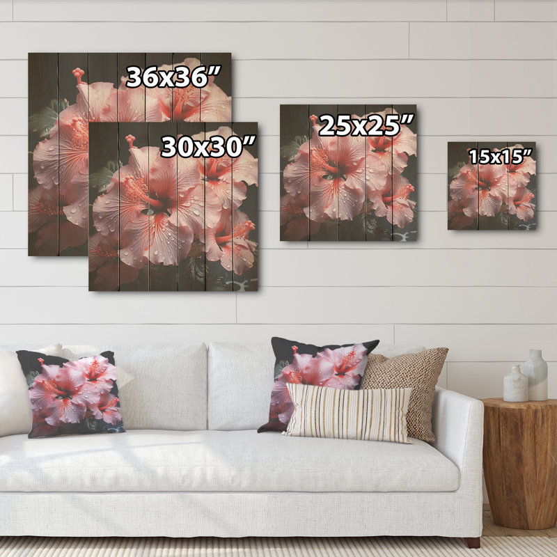 Hibiscus rose harmonieux courbes gracieuses - art mural en bois d'hibiscus sur bois de pin naturel, H 36 po x l 36 po