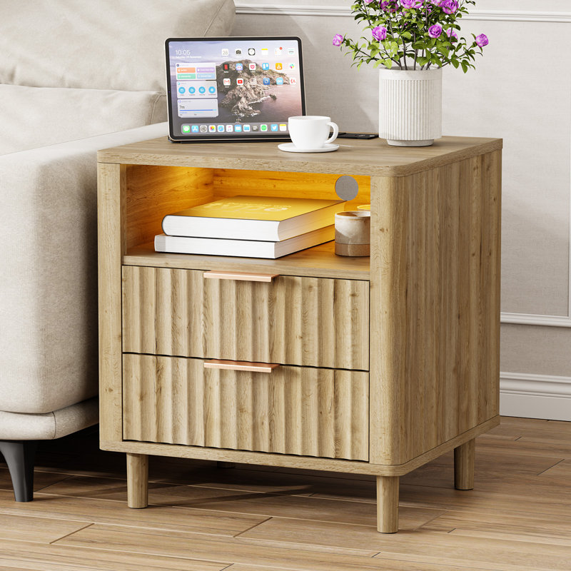 24" H Mid Century Night Stand with Charging Station, 2 - Drawer Storage Fluted Cute Bedside Table with Open Shelf, Curved Profile End Table for Bedroom, Living Room, Sofa and Office - 1 Pcs