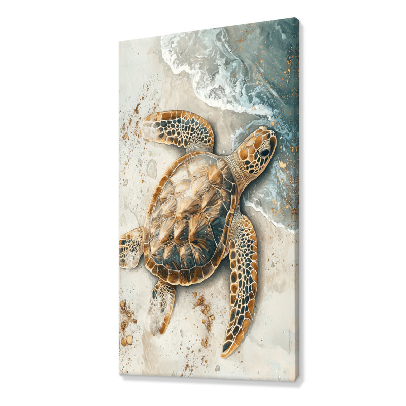 Tortue dorée Cohner sur la plage I - tortue, art mural, H 60 po x l 28 po, Toile tendue, Ne s’applique pas