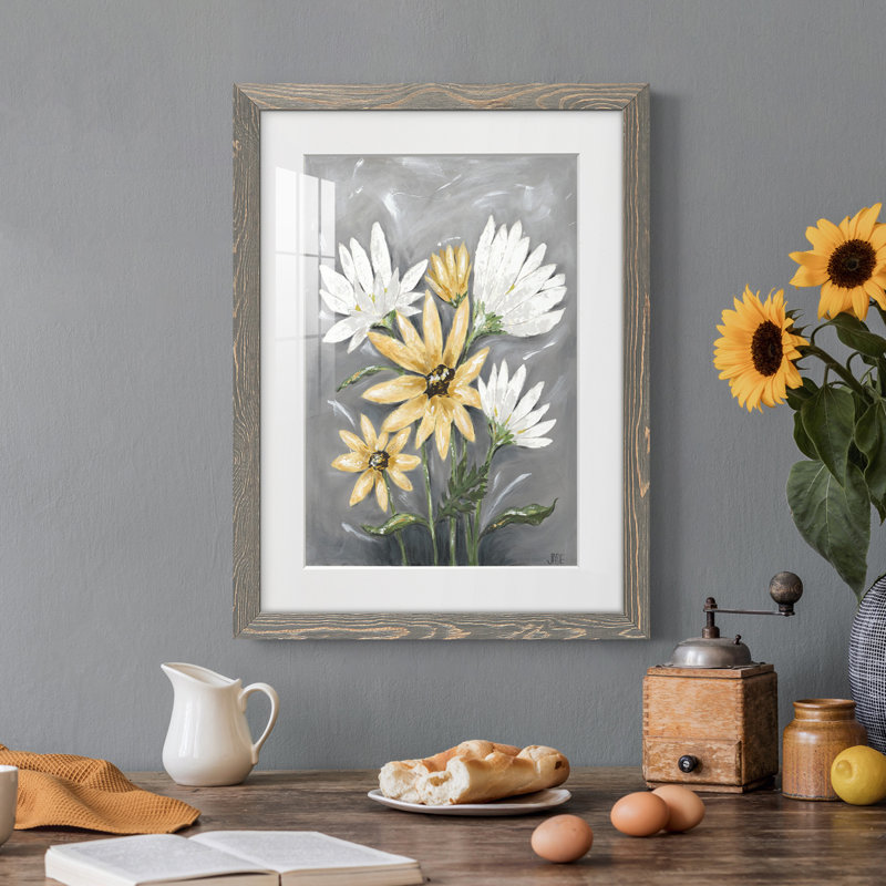 Summer Daisies I - peinture encadrée, Encadré gris, H 20 po x l 17 po x P 1 po