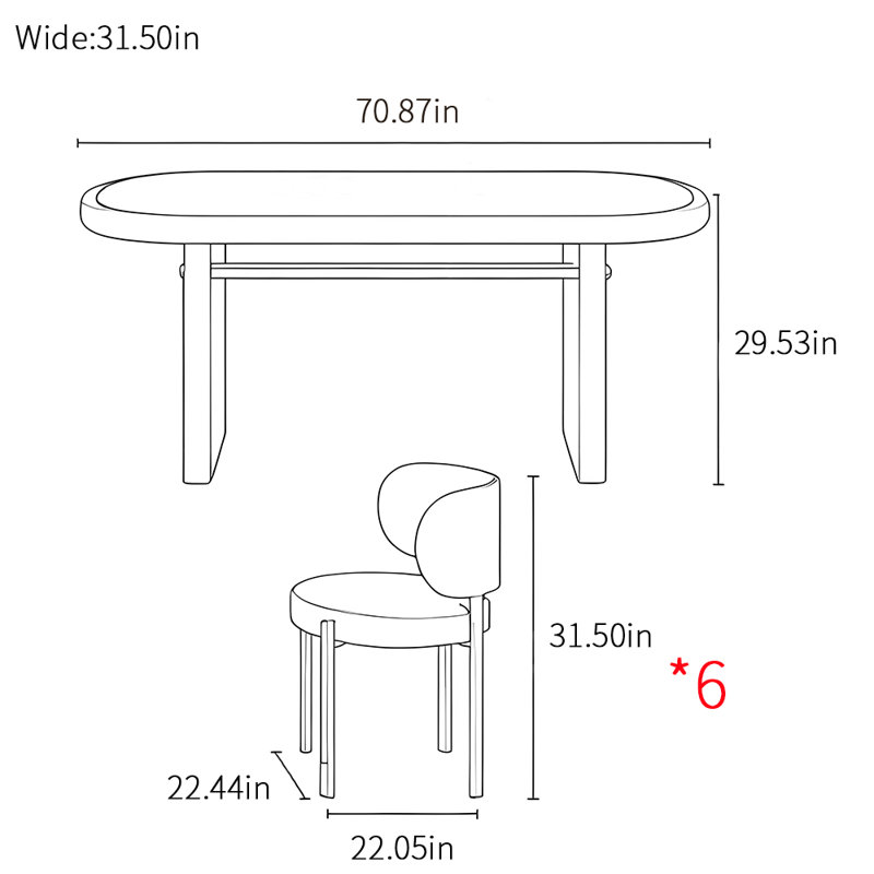 Ensemble de table de salle à manger ovale Crème, H 29,53 po x L 70,87 po x P 31,5 po
