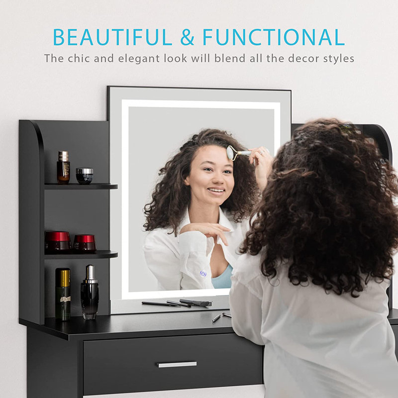 Decorian Makeup Vanity Table Set With 3-colour Dimmable Lighted Mirror, Black