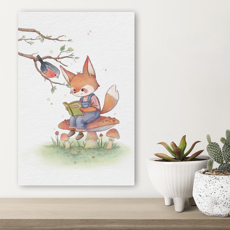 Cute Fox Reading Peaceful Serene Tranquil Bird Fox Forest Nature Wall Art Print by Xuan Thai - Wrapped Canvas Print