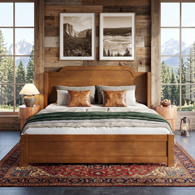 Solid Wood Platform Bed Frame with Curved Headboard, Brown Natural Finish, Wooden Slat Support, No Box Spring Needed, Easy Assembly