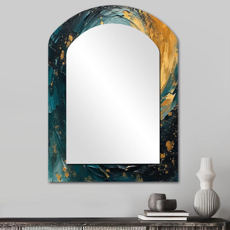 Golden Ocean Spiral Waves, peinture II - miroir décoratif en spirale abstraite, miroir mural asymétrique, 34 po x 25 po