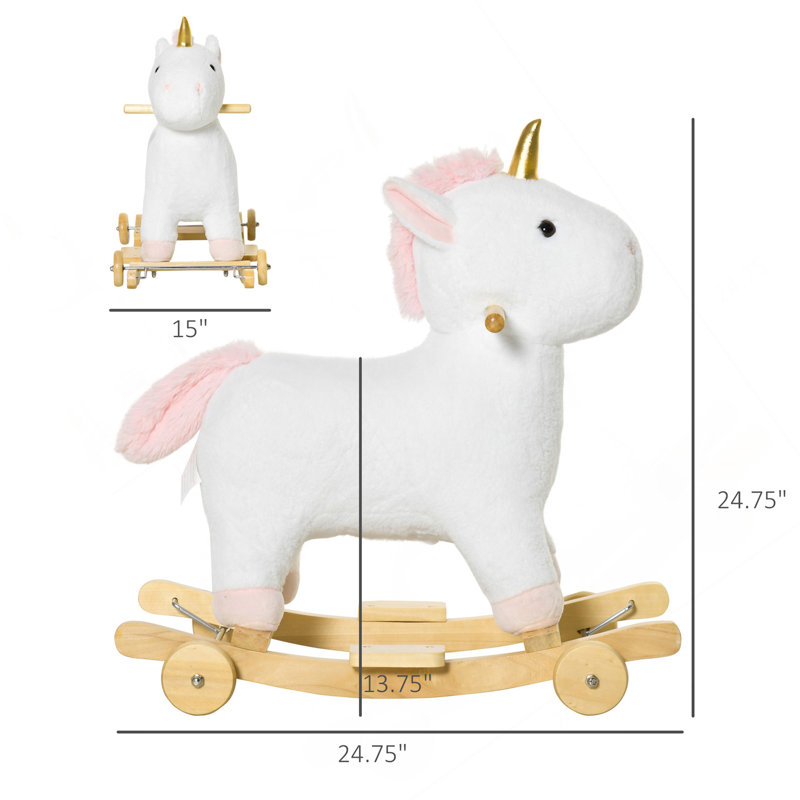Cheval à bascule QABA, balançoire à cheval 2 en 1, licorne à roulettes avec son, base en bois, pédale, poignée, poney en peluche pour 3-6 ans, blanc
