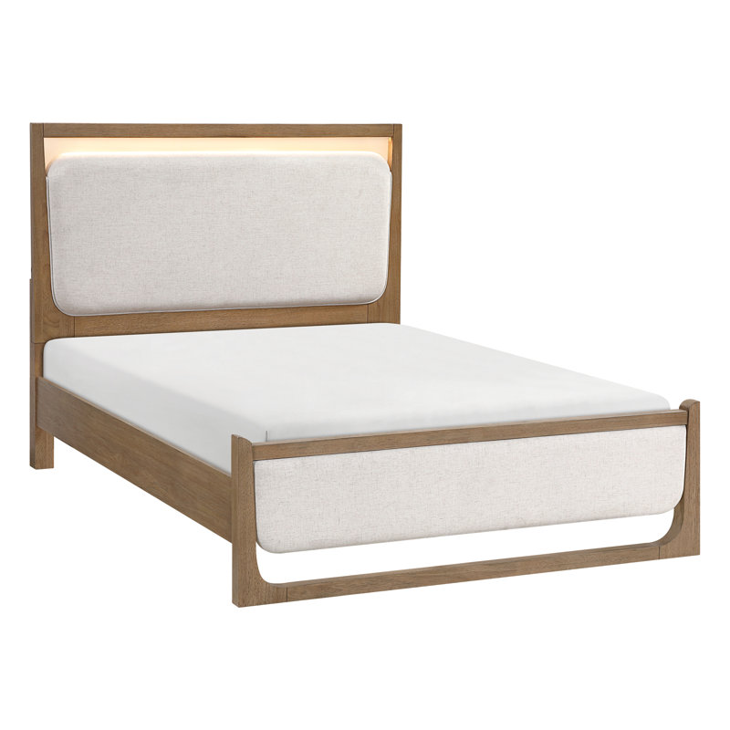 Contemporary Brown Upholstered Queen Bed With Touch - Controlled Led And Wood, Bedroom Retreat Modern Lighting Rails, Ideal For