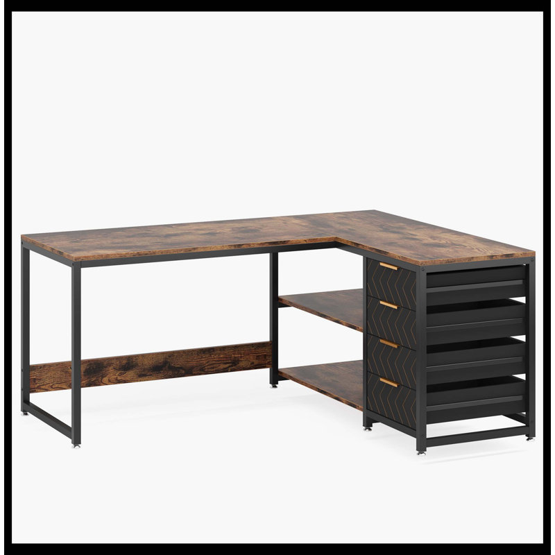 Bureau en L 59 po, bureau d'angle réversible avec tiroirs et tablettes