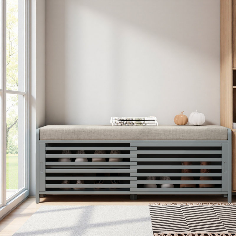 Shoe Bench With Storage And Cushion, Distressed Shutter Storage Bench With Retro Charm For Living Room, Gris