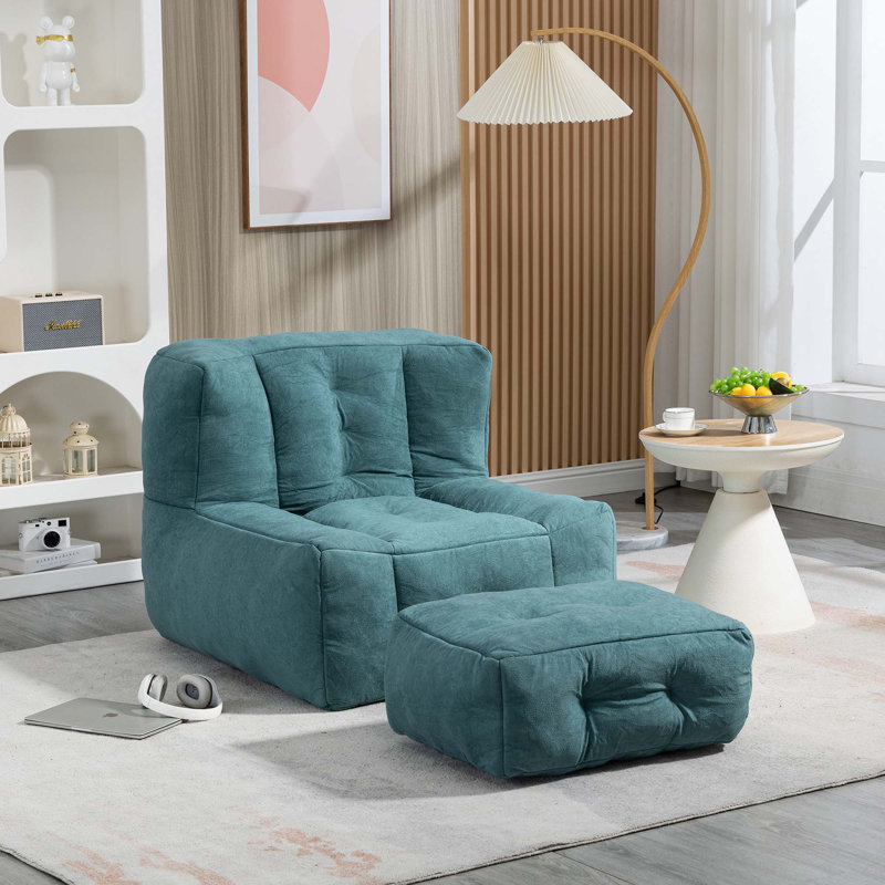 Fauteuil à billes moelleux avec mousse à mémoire de forme et repose-pieds, Velours vert