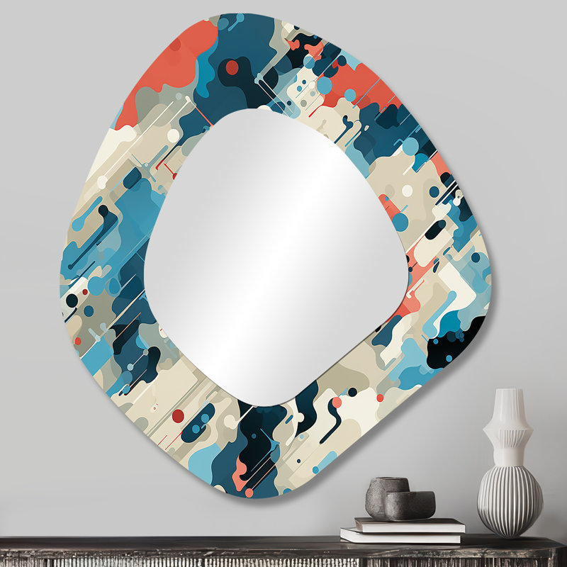 Cuber Techno Concealment - Abstract Asymmetrical Wall Mirror, Blue Unique Shape Decorative Mirror, Printed Metal Art