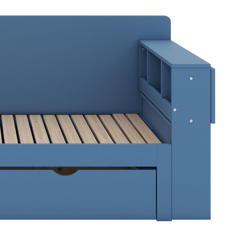 Lit de jour avec bureau amovible, tiroirs de rangement et table d'appoint hydraulique, Bleu, Complet/Double