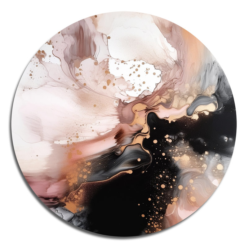 «Pink Gold Splash Marble II», art mural rond en marbre abstrait sur métal, H 29 po x l 29 po x P 1 po