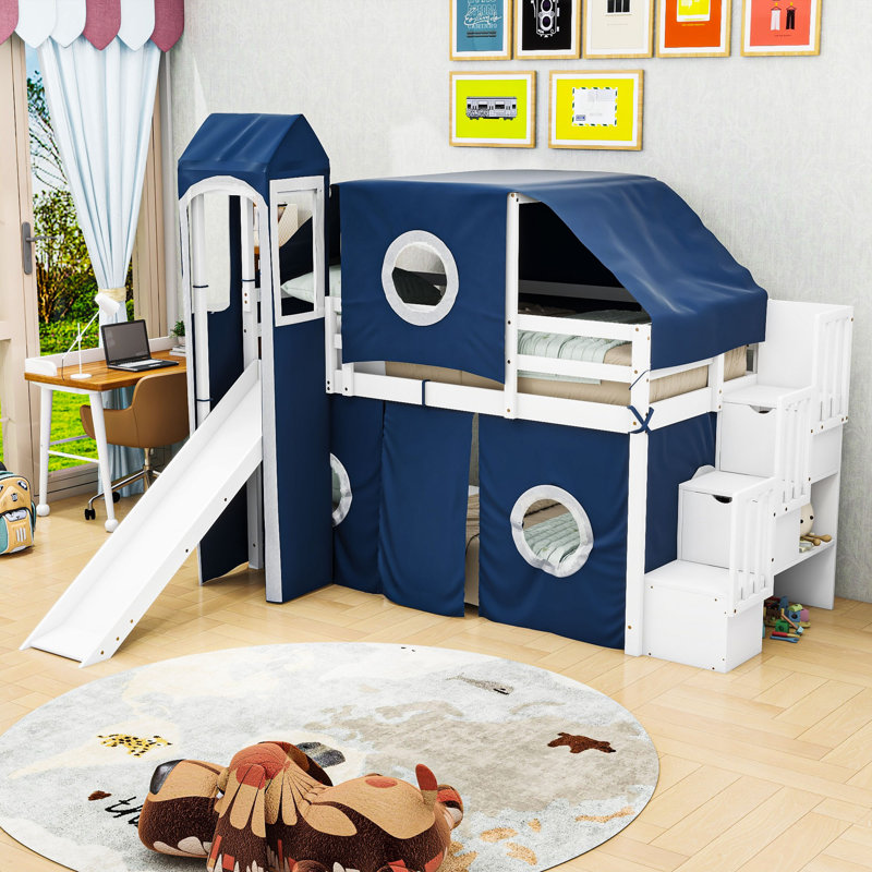 Jaleana Slat Loft Bed with Bookcase, Blue, Twin