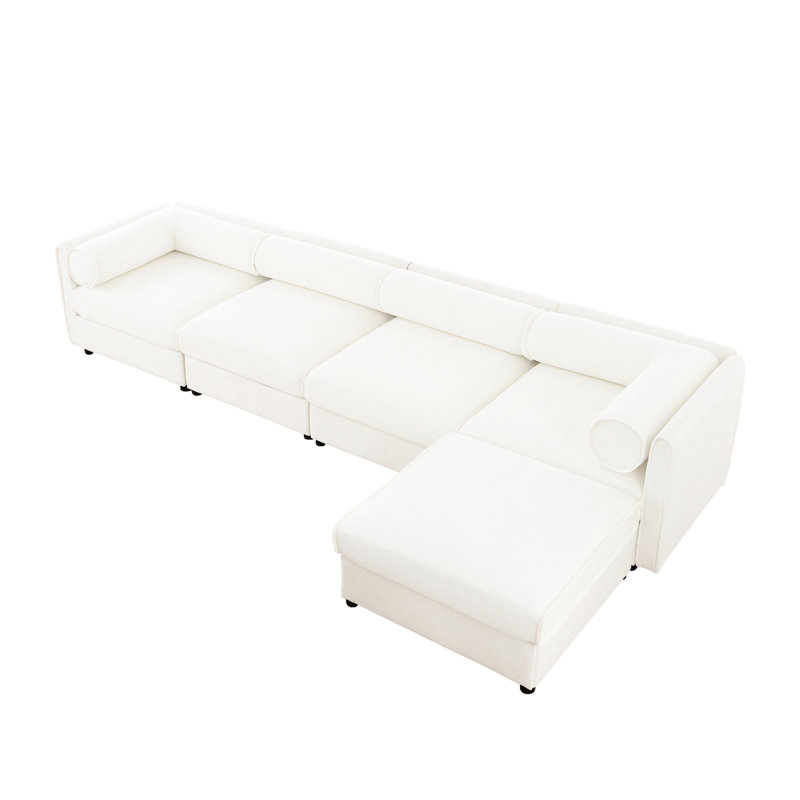 Canapé modulaire en chenille blanc à 4 places en forme de L, rangement, cylindrique, H 27,9 po x l 142,5 po x P 37,4 po