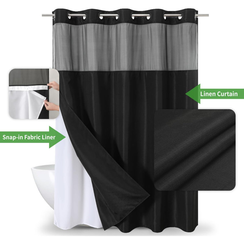 Blush and White Linen Textured Hookless Shower Curtain with Liner