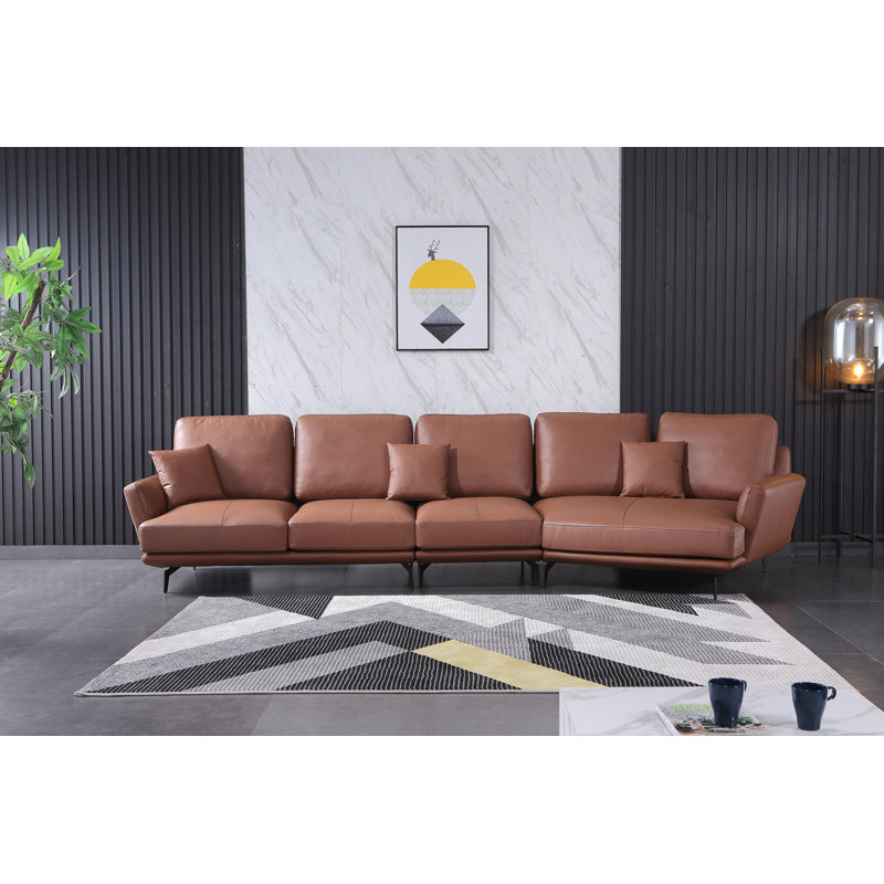 Putnam Upholstered Curved Sectional, Russet Brown Genuine Leather, Right Hand Facing