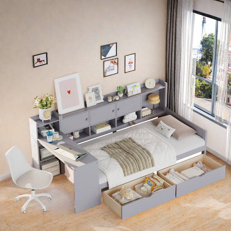 Wooden L-shape Daybed With 3 Cabinets And 2 Drawers, Study Desk And Built-in Bookshelf, Twin