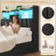 Cadre de lit double avec tête de lit bibliothèque, rangement dissimulé et 4 grands tiroirs, lampe DEL et station de recharge, sommier à lattes robustes, matelas sans ressorts requis, noir-134631793-134631794